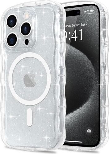JGD-Coque à Paillettes pour iPhone 15 Pro Max [Compatible avec Magsafe] Transparente Cadre Vague Bouclée Coque Bling Sparkle Antichoc Housse de Protection Glitter Case pour Femmes et Filles Clear