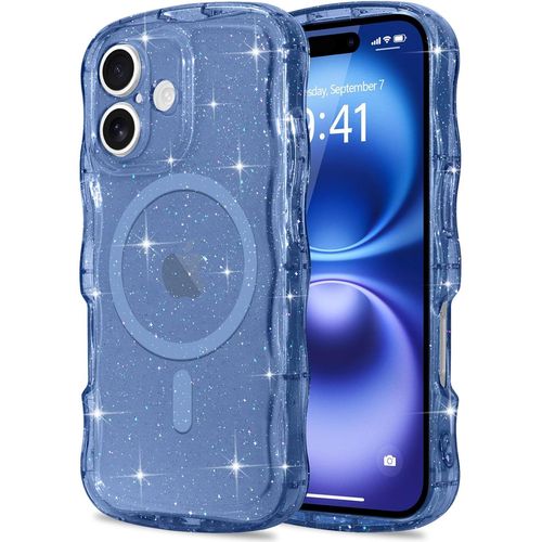 Ppdaz-Coque À Paillettes Pour Iphone 16 Plus [Compatible Avec Magsafe] Transparente Cadre Vague Bouclée Coque Sparkle Antichoc Housse De Protection Glitter Case Pour Femmes Et Filles Bleu Foncé