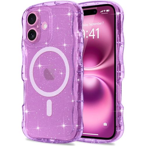 Ppdaz-Coque À Paillettes Pour Iphone 16 Plus [Compatible Avec Magsafe] Transparente Cadre Vague Bouclée Coque Bling Sparkle Antichoc Housse De Protection Glitter Case Pour Femmes Et Filles Violet