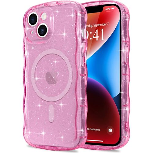 TRAHOO-Coque à Paillettes pour iPhone 14/13 [Compatible avec Magsafe] Transparente Cadre Vague Bouclée Coque Bling Sparkle Antichoc Housse de Protection Glitter Case pour Femmes et Filles Rose Rouge