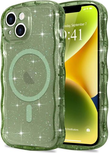 TRAHOO-Coque à Paillettes pour iPhone 14/13 [Compatible avec Magsafe] Transparente Cadre Vague Bouclée Coque Bling Sparkle Antichoc Housse de Protection Glitter TPU Case pour Femmes et Filles Vert