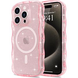 TRAHOO-Coque à Paillettes pour iPhone 15 Pro [Compatible avec Magsafe] Transparente Cadre Vague Bouclée Coque Bling Sparkle Antichoc Housse de Protection Glitter TPU Case pour Femmes et Filles Rose