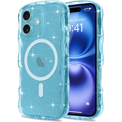 Ppdaz-Coque À Paillettes Pour Iphone 16 Plus [Compatible Avec Magsafe] Transparente Cadre Vague Bouclée Coque Bling Sparkle Antichoc Housse De Protection Glitter Case Pour Femmes Et Filles Bleu
