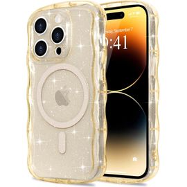 TRAHOO-Coque à Paillettes pour iPhone 14 Pro [Compatible avec Magsafe] Transparente Cadre Vague Bouclée Coque Bling Sparkle Antichoc Housse de Protection Glitter TPU Case pour Femmes et Filles Or