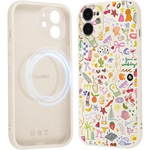 SJZG-Coque Magnétique Pour Iphone 12 6,1"", Compatible Avec Magsafe, Aesthetic Fleurs Coloré Motif Etui Dessin Fille Case, Souple Silicone Liquide Mince Tpu Bumper Antichoc Housse Cover, Beige