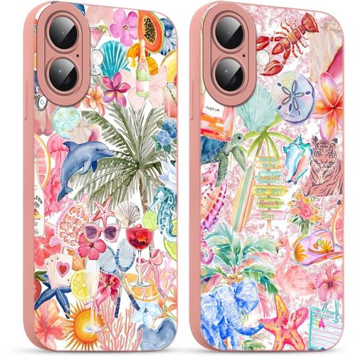 Ppdaz-2 Pièces Coque Pour Iphone 16 Plus 6,7'', Etui Silicone Avec Summer Collage Aesthetic Motif Design, Caméra De Protection Case Antichoc Housse Pour Femme Ultra Fine Tpu Étui Souple, Rose