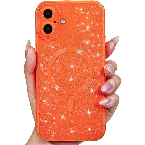 Ppdaz-Pour Iphone 16 Plus Coque Compatible Avec Magsafe, Magnétique Etui Protection Caméra, Glitter Souple Tpu Brillant Étui Antichoc Anti-Rayures Housse Pour Femmes Et Filles, Orange Fluo