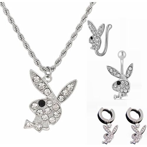 Kal-Collier Playboy Lapin Collier Pour Hommes Et Femmes Collier Blanc + Anneaux De Nombril + Boucles D'oreilles Lapin En Acier Inoxydable