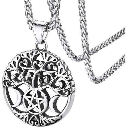 Kal-Collier Triple Lune Déesse,Pendentif Pentacle Wicca Triple Lune Acier Inoxydable Avec Chaîne Réglable,Bijoux Wicca Païen Amulette De Protection Pour Femme Homme Garçons