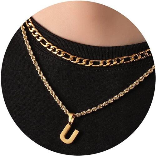 Kal-Layered Initial A-Z Chaîne Avec Des Lettres, Collier Pour Garçons, Collier De Lettres En Acier Inoxydable 18+20 Figaro Chaîne De Bijoux De Corde Cadeaux Pour Ami Hommes Femmes