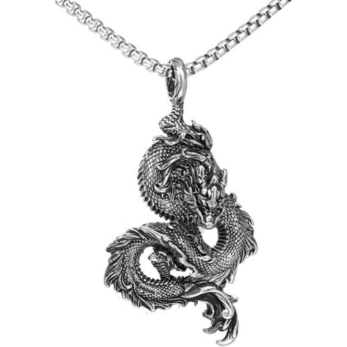 Kal-Collier Dragon Chinois Pour Hommes - Pendentif Tête De Dragon Viking Nordique Hip-Hop Avec Chaîne De 23,6 Po - Punk Rock En Acier Inoxydable