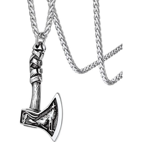 Kal-Collier Viking Nordique Homme Pendentif Hache Avec Chaine 55+5cm, Bijoux Nordique Porte Bonheur Pour Hommes Garçon Femme (Boîte Cadeau)