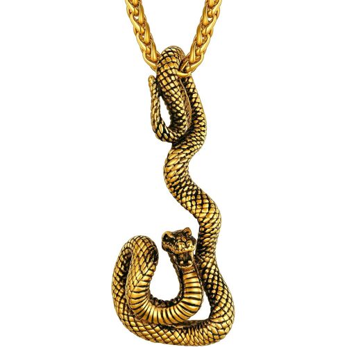 Kal-Collier Serpent Homme Acier Inoxydable 316l/Or/Noir,Pendentif Gothique Avec Chaîne Ajustable 55+5cm, Bijoux Punk Hip Hop Pour Garçon