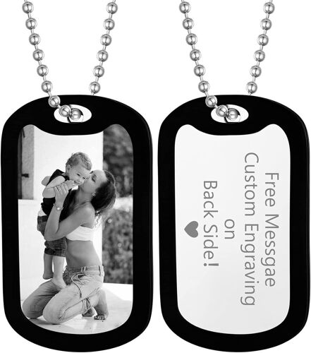 Kal-Plaque Militaire Personnalisable Homme Collier Photo Gravé & Personnalisé Prénom Pendentif Dog Tag Coeur/Rond/Carré/Chat/Ellipse En Acier Inoxydable,Cadeau D'anniversaire Pour Papa