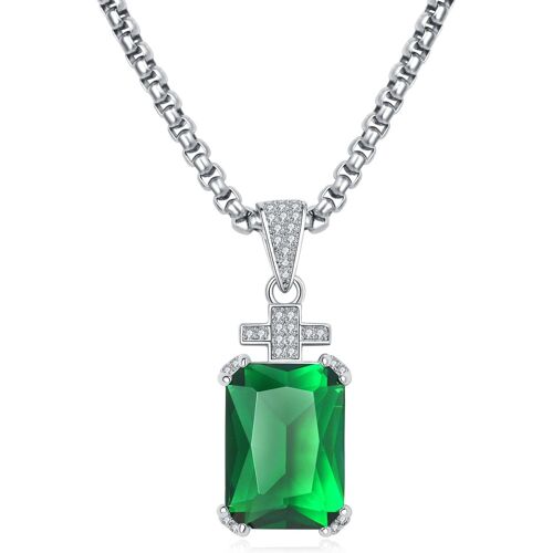 Kal-Collier Homme, Pendentif Croix Avec Chaîne En Acier Inoxydable 60cm, Zircon Cubique 17,5 Carats, Pierre De Naissance Taille Émeraude, Cadeau Bijou Pour Hommes