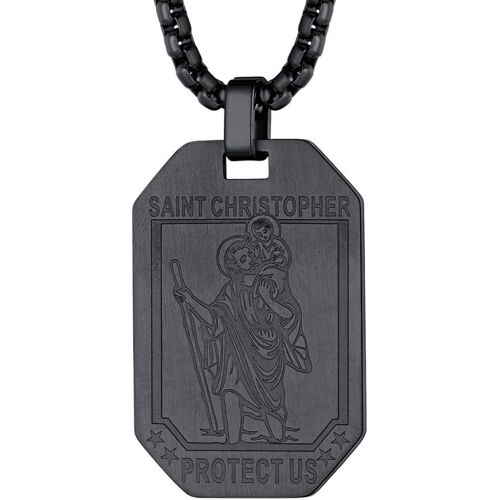 Kal-Médaille Saint Christophe Femme Homme Pendentif St Patrons Catholique Religieux Collier Amulette De Protection Plaqué Or/Noir/Acier Inoxydable Bijoux Porte Bonheur (Boîte Cadeau)