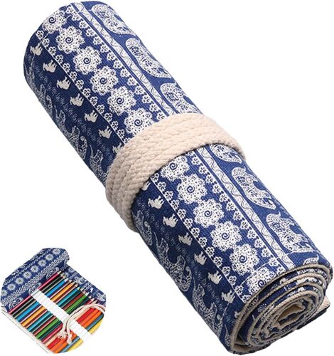 Kal-Trousse À Crayons Enroulable En Toile Avec 24/36/48/72 Emplacements - Grande Capacité - Organiseur De Crayons De Couleur Pour Dessin, Coloriage Et Croquis (Crayon Non Inclus), Petit Éléphant