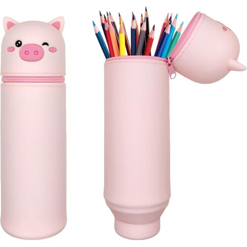 Kal-Trousse À Crayons 2 En 1, Trousse D'école En Silicone Souple Pour Enfants, Trousse À Crayons De Dessin Animé Avec Fermeture Éclair Pour Fournitures Scolaires (Cochon Rose)