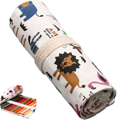Kal-Trousse À Crayons Enroulable En Toile Avec 24/36/48/72 Emplacements - Grande Capacité - Organiseur De Crayons De Couleur Pour Dessin, Coloriage Et Croquis (Crayon Non Inclus), Zoo, 48 Slots