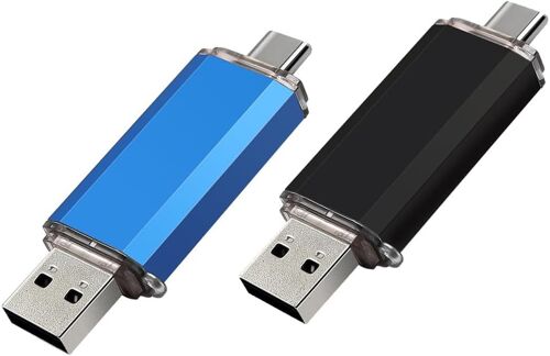 Lot de 2 clés USB C de 32 Go double type C + clé USB A 2 en 1 pour stockage et sauvegarde (2 x 32 Go, noir et bleu)