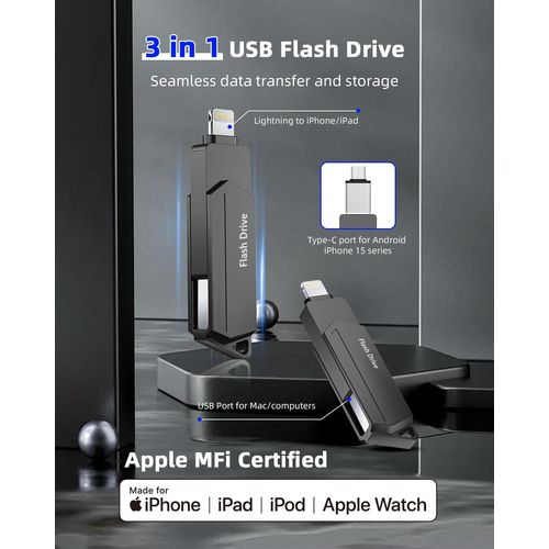 SUBZONAL-Clé USB pour iPhone 512 Go MFi Certified 3 en 1 Stylo USB 3.0 Lightning Clé USB C Photostick Pen Drive Pennettaper iPhone/iPad/iOS/Android/Mac/PC - Mémoire externe en aluminium (Noir)