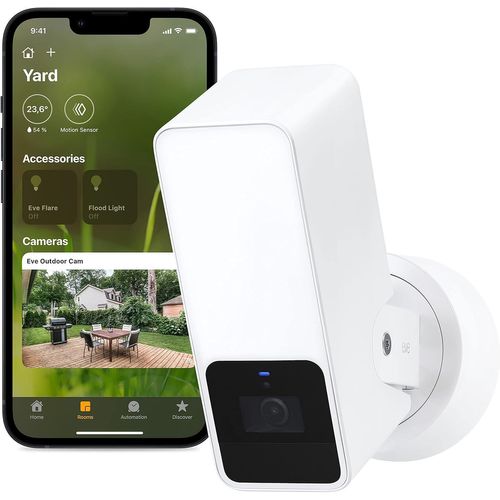 ASFASFq-Eve Outdoor Cam (White Edition) - caméra sécurisée avec projecteur, confidentialité (HomeKit Secure Video), Vision Nocturne, Wi-FI (2,4 GHz), détecteur de mouvements, Communication bidirectio