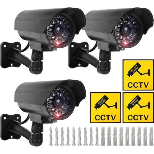 KALANKA-Caméra Factice 3 Pièces: Caméra de Surveillance Factice Extérieur avec Lumière LED Rouge Clignotant, Atrappe Caméra de Surveillance Fausse Caméra de Sécurité pour Intérieur et Extérieur (Noir