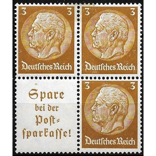 Allemagne, 3ème Reich 1933 / 36, Très Beau Bloc 3 Timbres Neufs** Luxe Yvert 484, Maréchal Hindenburg 3pf. Brun Et Vignette Publicitaire Pour La Caisse D'Épargne De La Poste, Filigrane Croix Gammées.