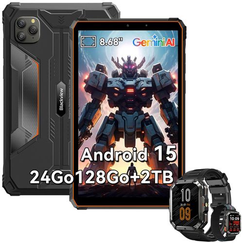 Tablette Blackview Active 5 2025 Nouveau IA Modèles 8.68" 90 Hz, Android 15, 24+128Go/SD 2 To, 6600 mAh Orange Avec Montre W70 Pro