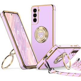 Coque Pour Samsung Galaxy S21 Fe, Avec Double Anneau De Support C?ur, Avec Lanière Pour Filles Et Femmes, Coque De Protection Luxe Mignonne Et Scintillante Pour Samsung S21 Fe, Violet