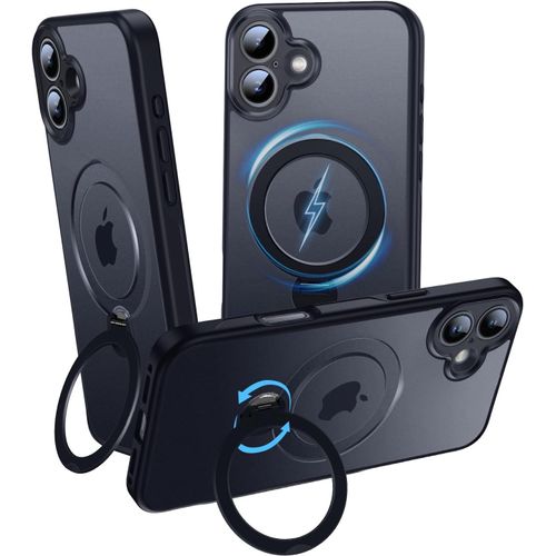 ChicSlick-Coque Pour Iphone 16 360 Ajustable Support Compatible Avec Magsafe, Noir Mat Translucide Case Anneau Magnétique Invisible Etui Antidérapant & Antichoc Pour 16[X1632]
