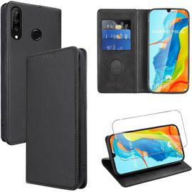 Étui Portefeuille Simili Cuir Pour Huawei P30 Lite/Nova 4e (6,15 Pouces) Avec Verre Trempé Inclus, Coque Tpu Anti-Choc, 2 Emplacements Cartes, Poche Billets, Support Pliable, Fermeture Magnétique - Noir