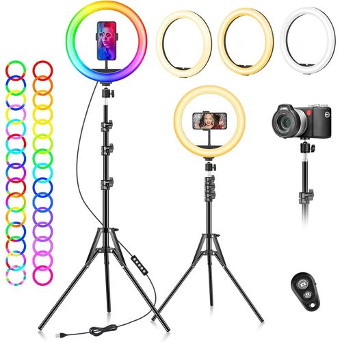 Ring Light Avec Trépied Professionnel Selfie - 10" Anneau Lumineux 40 Rvb Mode 13 Niveaux Led Lampe Trepied Telephone Grand Red Light Sur Pied Lumiere Photo Pour Smartphone Video Eclairage