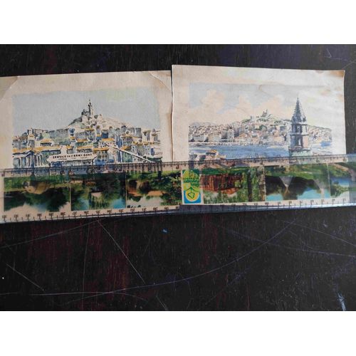 Lot De 2 Gravures / Peintures De Marseille, 16 X 12.5 Cm, Ferry Boat Et Port / Bonne Mère
