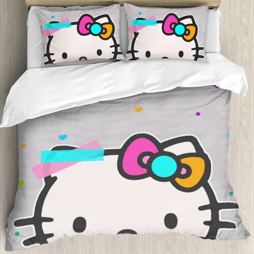 Parure De Lit Hello Cat Kitty 3 Pieces - 1 Housse De Couette Et 2 Taies D'oreiller