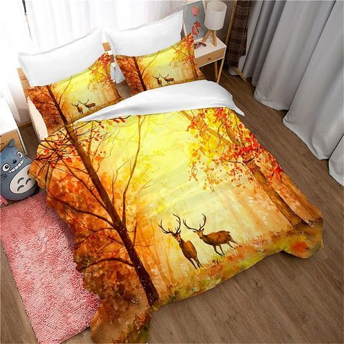 Parure De Lit Pour Enfant Avec Housse De Couette Et Taie D'oreiller, Motif Cerf Sauvage, Motif Dessin Anime, Fermeture Éclair Douce, Jaune