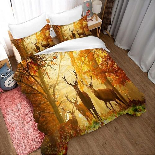 Parure De Lit Pour Enfant Avec Housse De Couette Et Taie D'oreiller, Motif Cerf Sauvage, Motif Dessin Anime, Fermeture Éclair Douce, Jaune