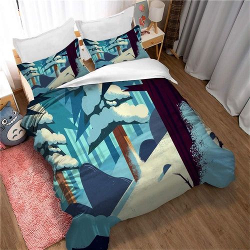 Housse De Couette Chaude Automne-Hiver Avec Fermeture Éclair, Parure De Lit 3 Pieces À Imprimé Cyan Pour Dortoir D'hôtel, Montagne Enneigée