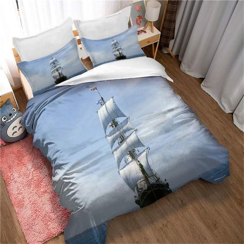 Housse De Couette Chaude Automne-Hiver Avec Fermeture Éclair, Parure De Lit 3 Pieces Motif Voilier Pour Dortoir D'hôtel