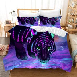 Parure De Lit 3 Pieces Avec Housse De Couette Et Animaux Colorés, Motif Tigre Violet