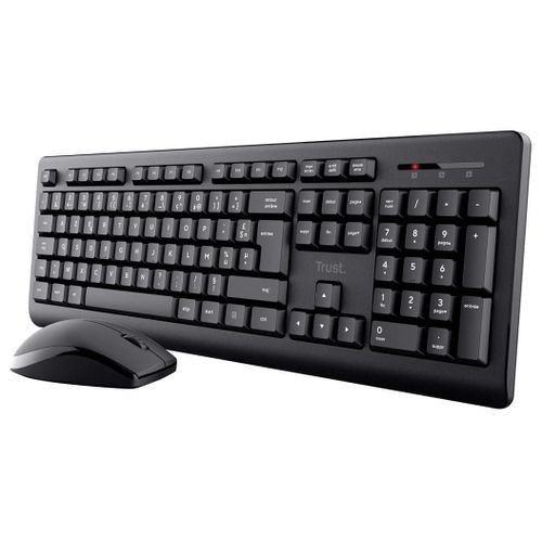 Trust Primo Pack Clavier et Souris sans Fil AZERTY Français, Touches Plates, Résistant aux Éclaboussures Clavier avec Pavé Numérique