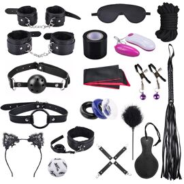 Kit BDSM 14 Pièces - Menottes, Cravache, Plug Anal, Masque - Accessoires érotiques