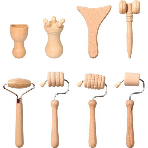 Kit Maderotherapie Visage, Maderothérapie Bois Outils De Massage En Bois, Rouleau De Massage En Bois Appareil De Massage Roller Manuel Pour Soins Du Visage, Gua Sha (8)