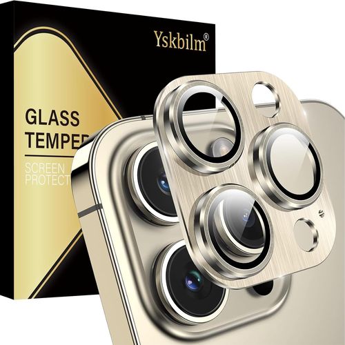 Protecteur D'objectif De Caméra Pour Iphone 14 Pro 6,3 Pouces/Iphone 14 Pro Max 6,9 Pouces, Couverture Complète En Verre Trempé 9h Anneau, Plaque Métallique Texture À Rayures, Lot De 1 - Or