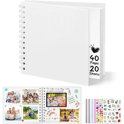 Album Photo Scrapbooking,6-Inch Album Photo Personnalisable,Carrée Diy Livre Scrapbooking Avec 5 Autocollants,Livre D'or Anniversaire Photo Pour Mariage Et Bébés,Blanc,40 Pages