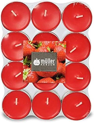 Müller Tealights Lot de 24 bougies parfumées-Parfum fraise-39 × 15 mm-Durée 4 heures-Bougies en cire rouge,récipient en aluminium anti-goutte