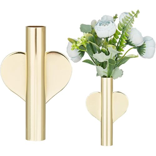 2 Pcs Coeur Mur Vase Tubes Métal Bâton Sur Mur Or Décoration Murale Fleurs Séchées Mini Mignon En Forme De Coeur Plante Titulaire Pour Chambre Salon Fête Noël Halloween