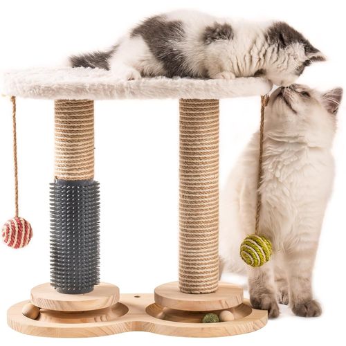 Meimie-Arbre À Chat Interactif Avec Base En Bois Massif,Petit Perchoir,Toiletteur Automatique,Balle De Piste,Petit Griffoir Amusant Pour Chat,46cm(Blanc)