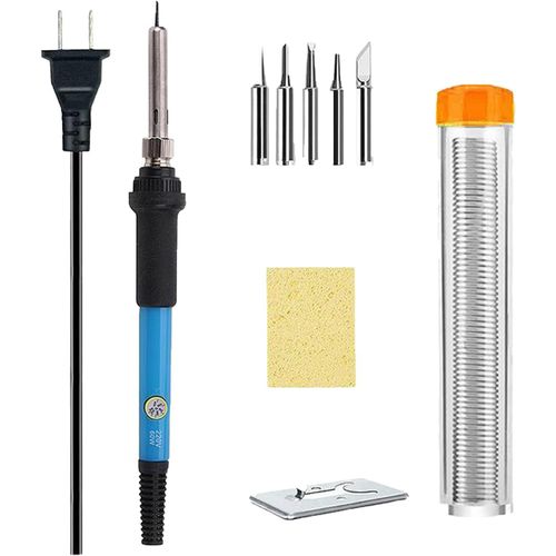 meimie-Kit De Fer À Souder,60 W,Avec Température Réglable Et Interrupteur Marche/Arrêt,Kit De Fer À Souder 220 V Avec 5 Pannes À Souder,Pompe À Dessouder,Support De Fer À Souder De Type Y Pour Soudure