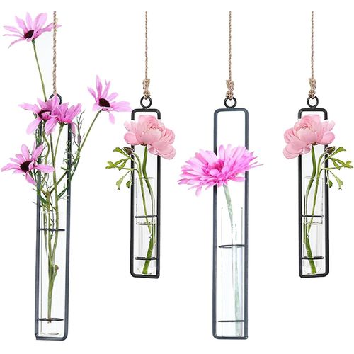 TIANYI-Vase en Verre en Fer Forgé, 4 Pcs Noir Vase Mural en Verre Végétal Tube à Essai en Fer Forgé Convient aux Vases de Décoration Murale pour Petites Fleurs Séchées et Plantes Vertes Hydroponiques
